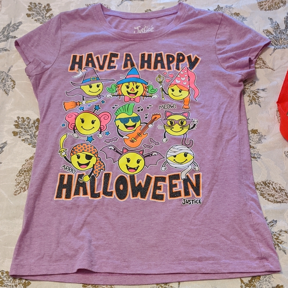 Girls Halloween T-Shirt Top Size 16 With Glitter Justice Happy Faces Purple